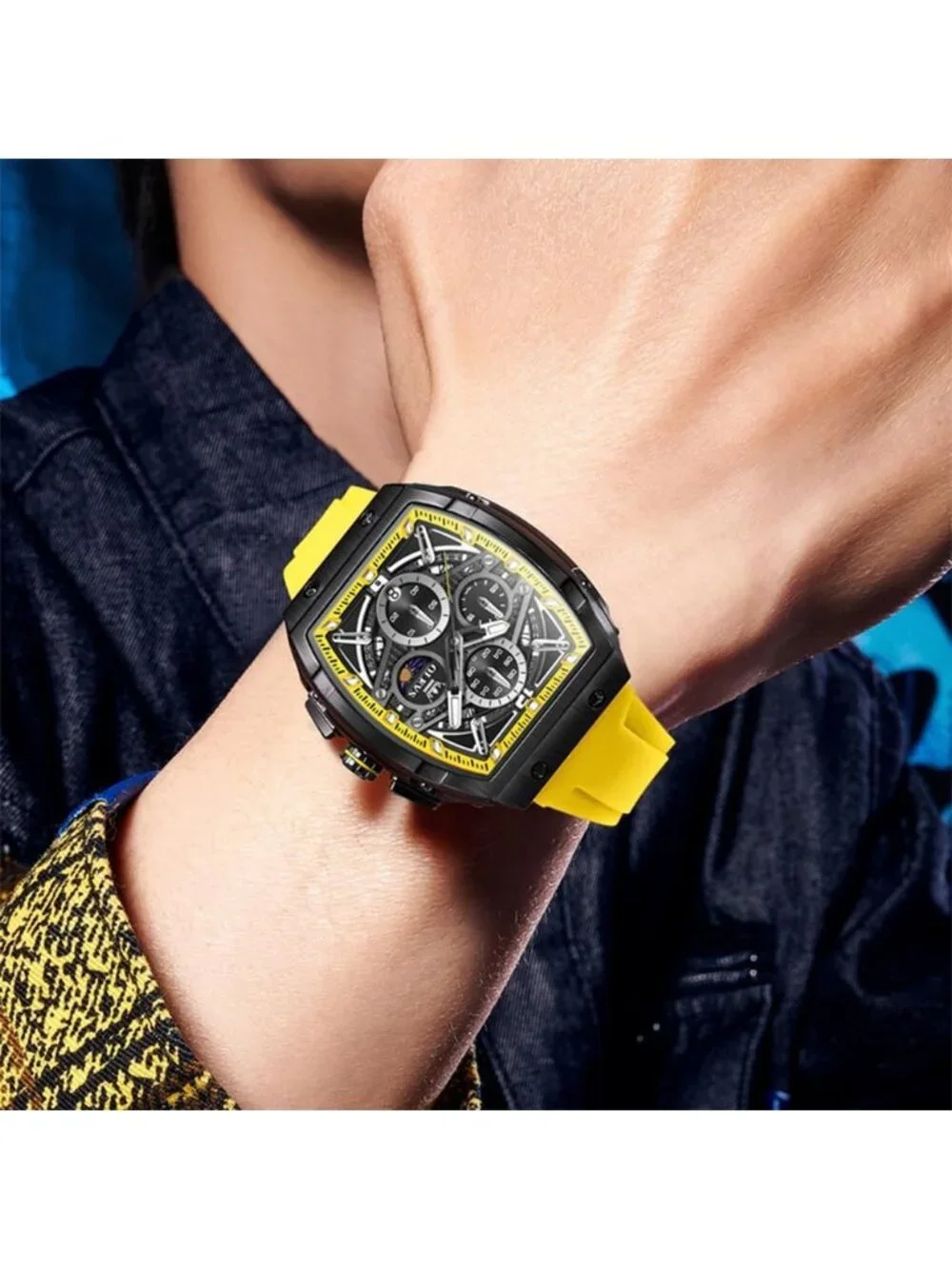 Men's Yellow Chronograph Big Square Analog Silicone Strap Waterproof Wrist Watch